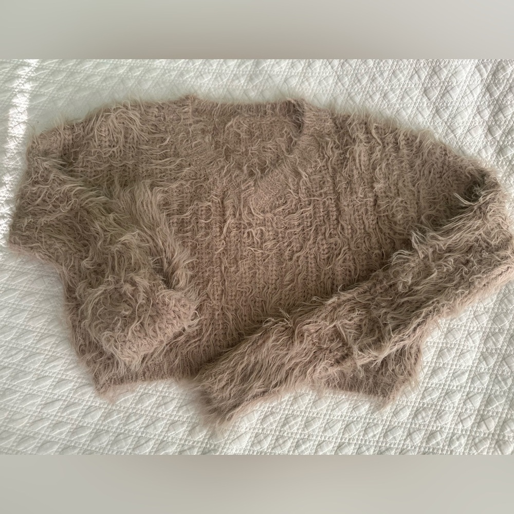 Cozy Brown Taupe Fluffy Women’s Fuzzy Boho Knit Sweater S/M